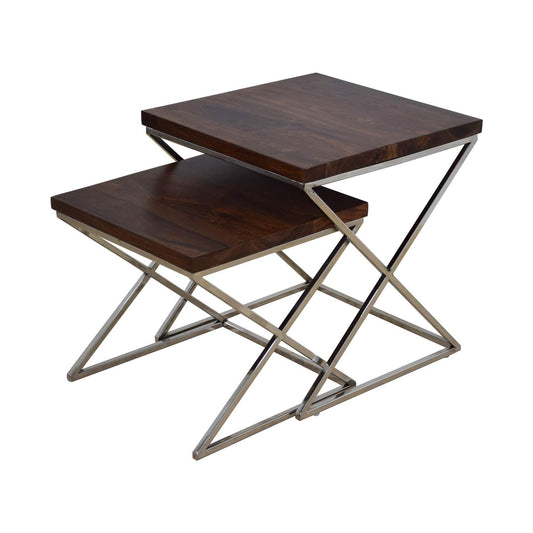 Sean - Set Of Three Nesting Tables With Metal Chrome Base & Solid Wood Top - Walnut