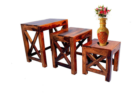 Himari - Set Of Three Nesting Tables In Solid Wood - Teak