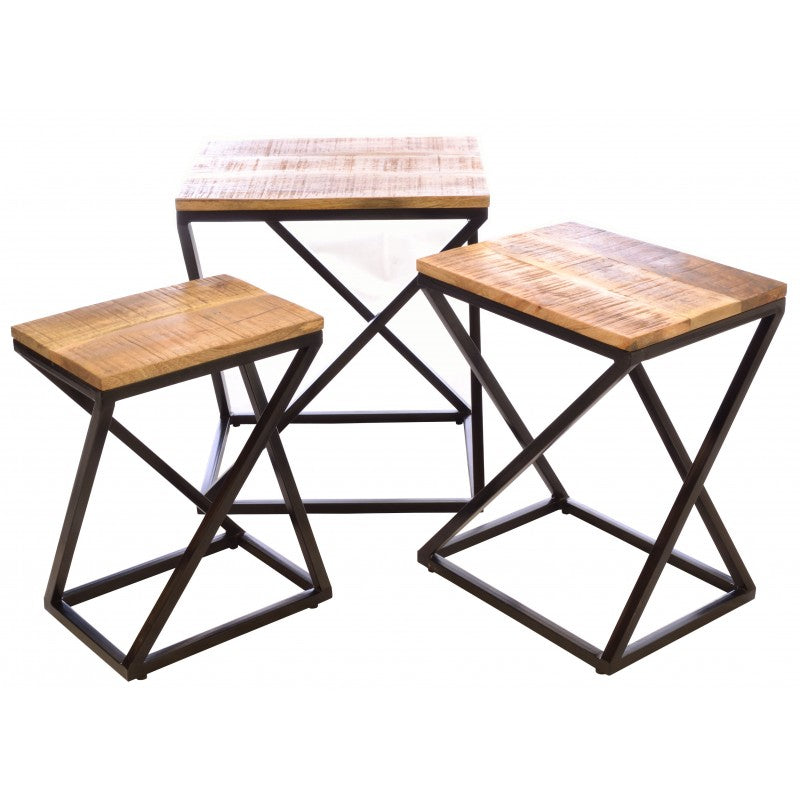 Willie - Set Of Three Nesting Tables With Black Metal Base & Solid Wood Top