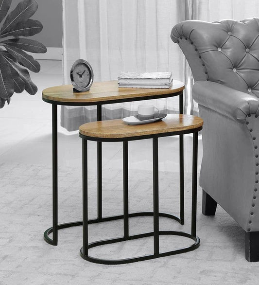 Reika - Set Of Two Nesting Tables With Metal Black Base & Wooden Top