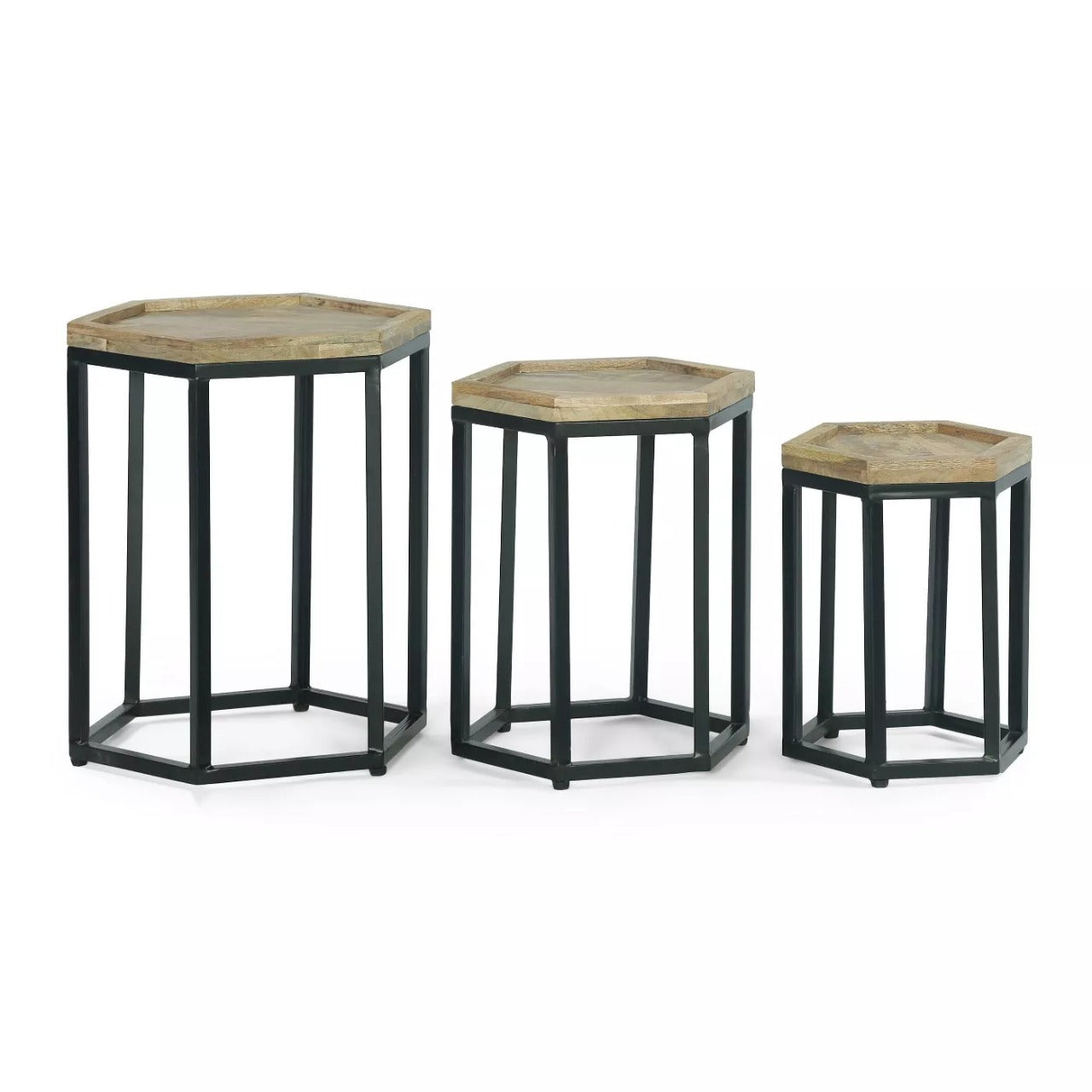 Satoyo - Set Of Three Nesting Tables With Metal Black Base & Wooden Top - Natural