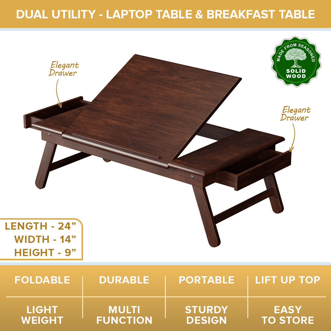 Multipurpose Solid Wood Foldable Laptop & Breakfast Table - Walnut Polish