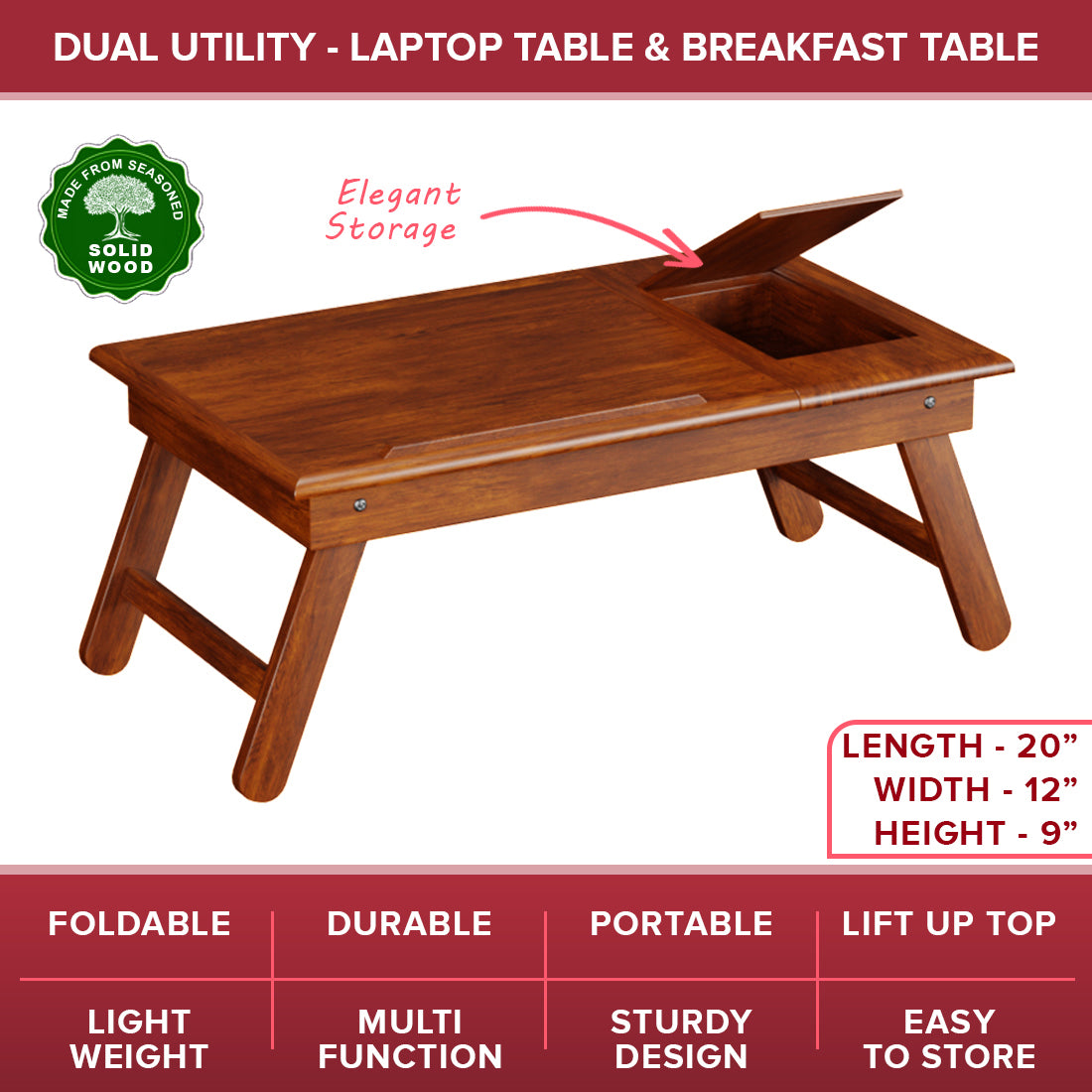 Multipurpose Solid Wood Foldable Laptop & Breakfast Table - Teak Polish