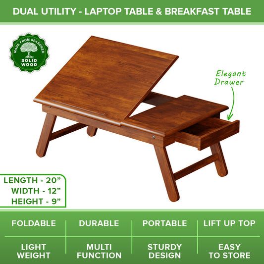 Multipurpose Soiid Wood Foldable Laptop & Breakfast Table With Drawer - Teak Finish