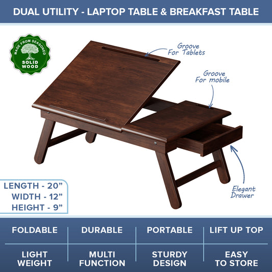 Multipurpose Soiid Wood Foldable Laptop & Breakfast Table With Drawer - Walnut Polish