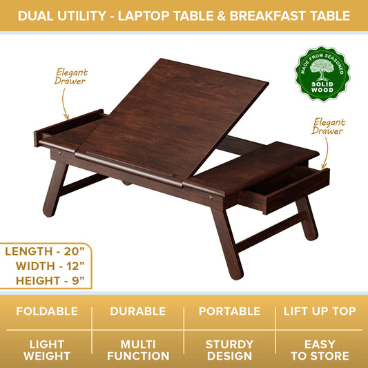 Multipurpose Foldable Laptop & Breakfast Table With Two Drawers - Walnut Polish