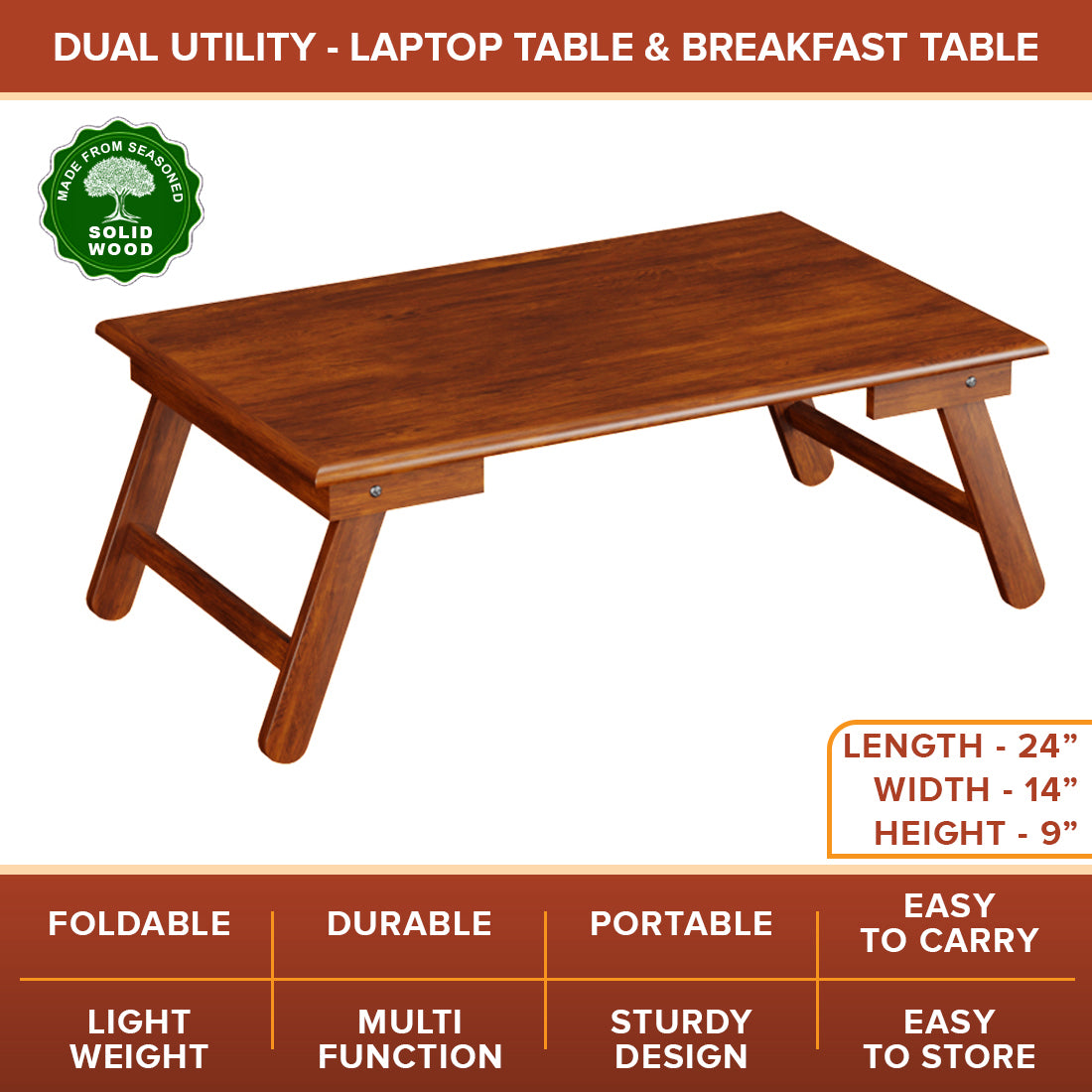 Multipurpose Mango Wood Foldable Laptop & Breakfast Table - Teak Finish