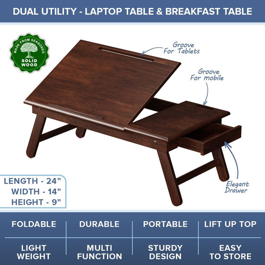 Multipurpose Solid Wood Foldable Laptop & Breakfast Table - Walnut