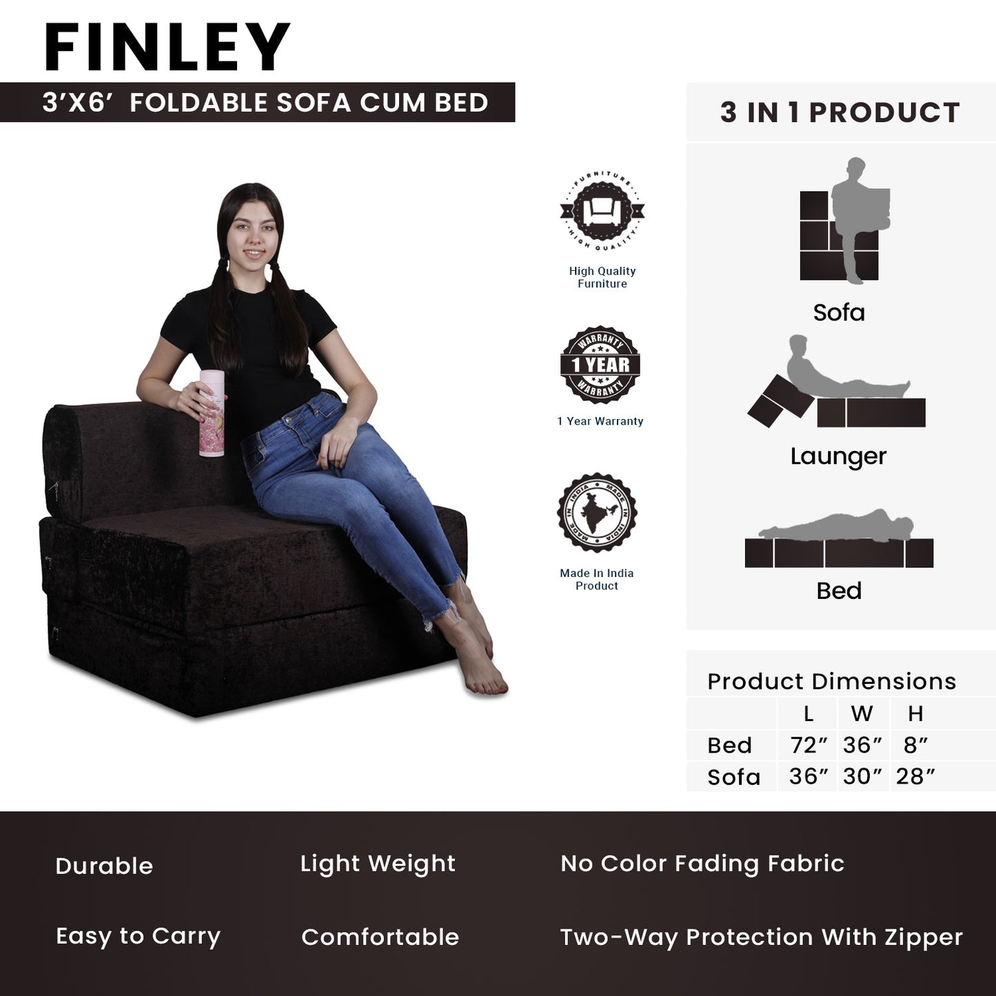 Finley - Foldable Sofa Cum Bed -3' x 6' Feet Premium Velvet Fabric with High Density Foam - Chocolate Brown