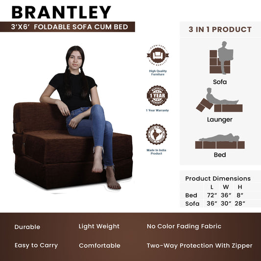 Brantley - Foldable Sofa Cum Bed -3' x 6' Feet Premium Velvet Fabric with High Density Foam - Brown