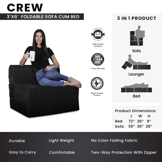 Crew - Foldable Sofa Cum Bed -3' x 6' Feet Premium Velvet Fabric with High Density Foam -Black