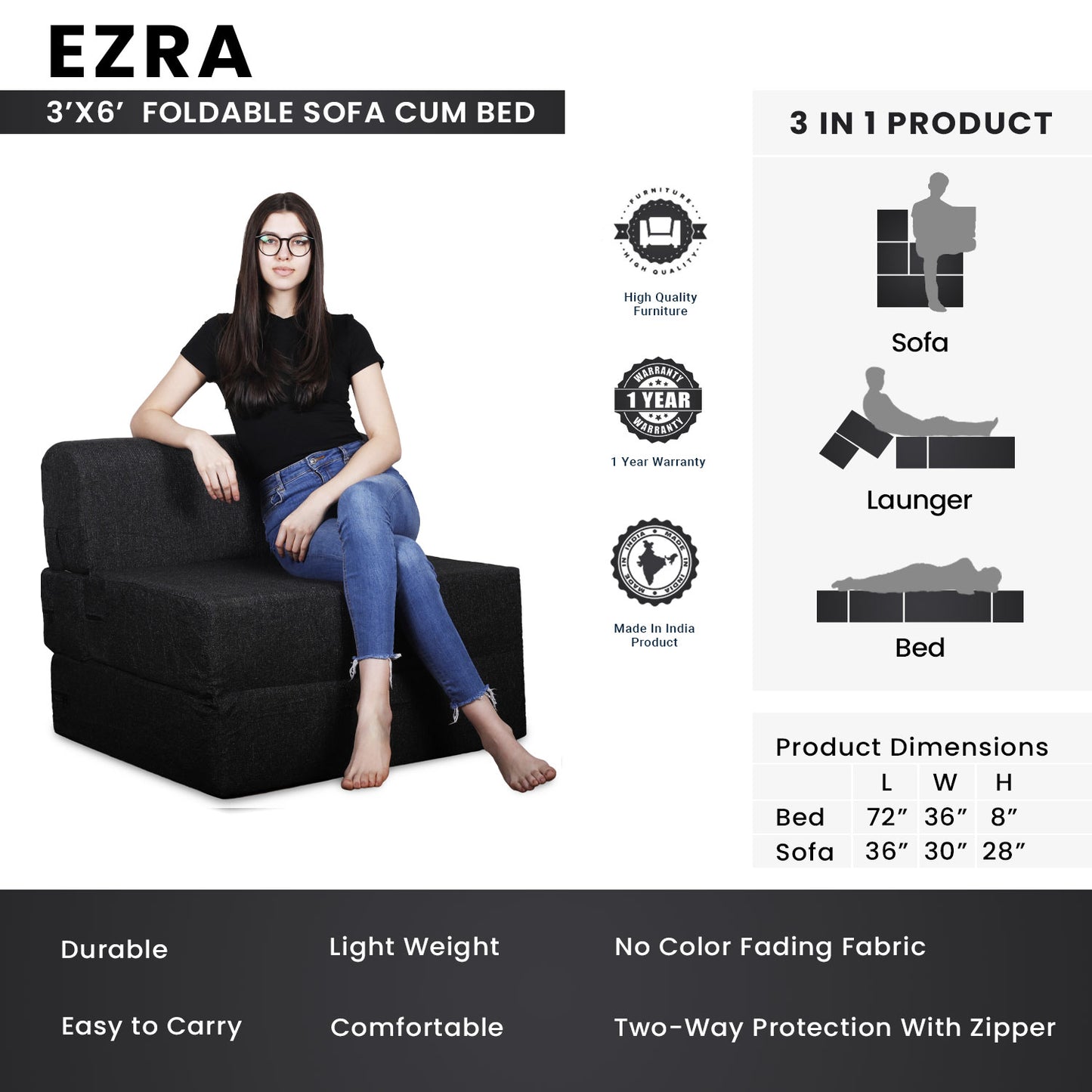 Ezra Foldable Sofa Cum Bed, 3' x 6' Feet Premium Jute Fabric with High Density Foam - Black