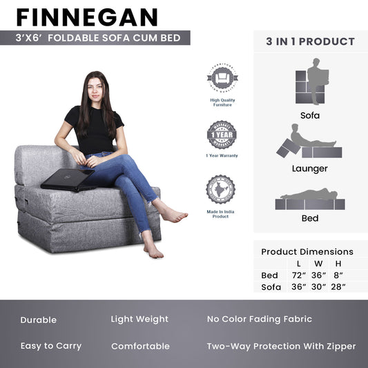 Finnegan - Foldable Sofa Cum Bed, 3' x 6' Feet Premium Jute Fabric with High Density Foam - Grey