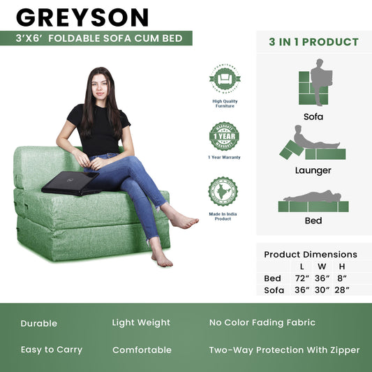 Greyson - Foldable Sofa Cum Bed, 3' x 6' Feet Premium Jute Fabric with High Density Foam - Green