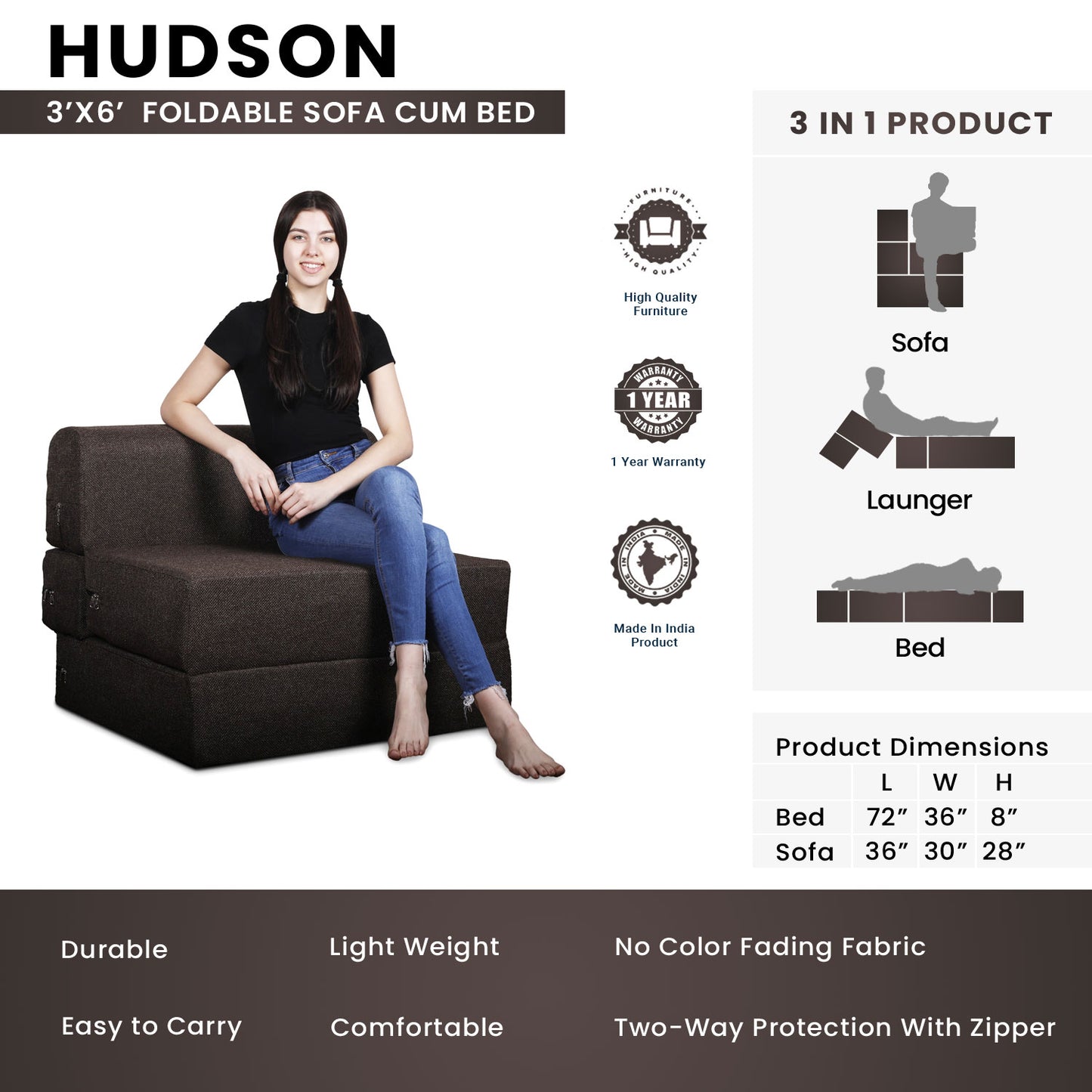 Hudson - Foldable Sofa Cum Bed, 3' x 6' Feet Premium Jute Fabric with High Density Foam - Chocolate Brown