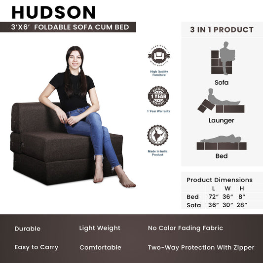 Hudson - Foldable Sofa Cum Bed, 3' x 6' Feet Premium Jute Fabric with High Density Foam - Chocolate Brown