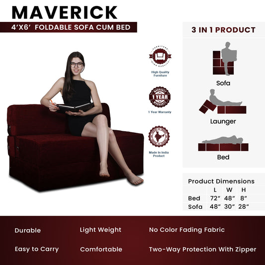 Maverick - Foldable Sofa Cum Bed, 4' x 6' Feet Premium Velvet Fabric with High Density Foam - Maroon