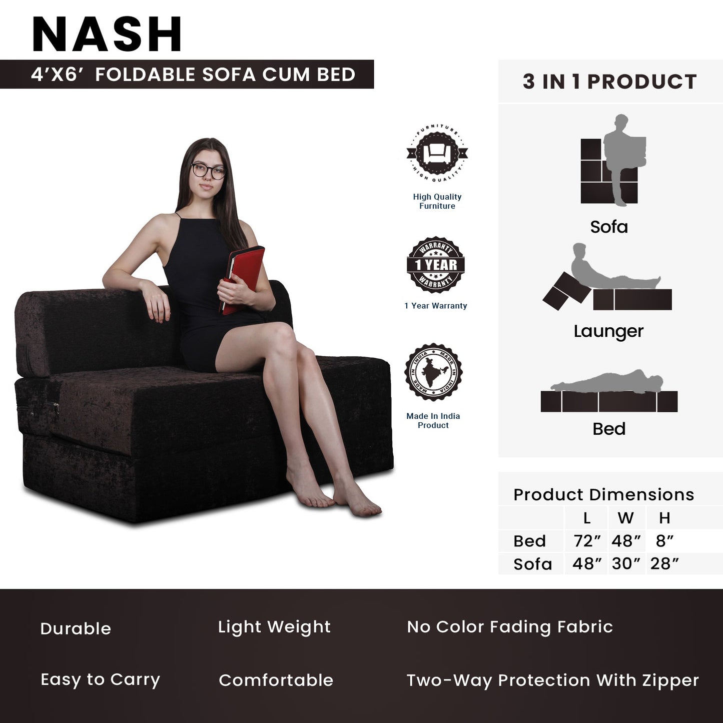 Nash - Foldable Sofa Cum Bed, 4' x 6' Feet Premium Velvet Fabric with High Density Foam - Brown