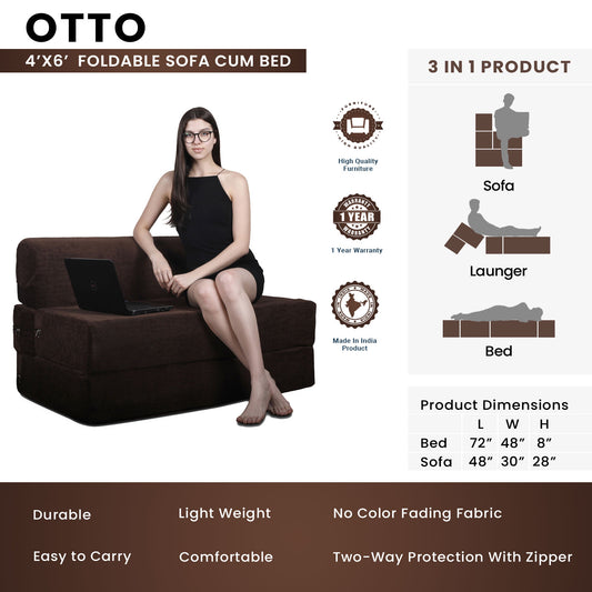 Otto - Foldable Sofa Cum Bed, 4' x 6' Feet Premium Velvet Fabric with High Density Foam - Brown