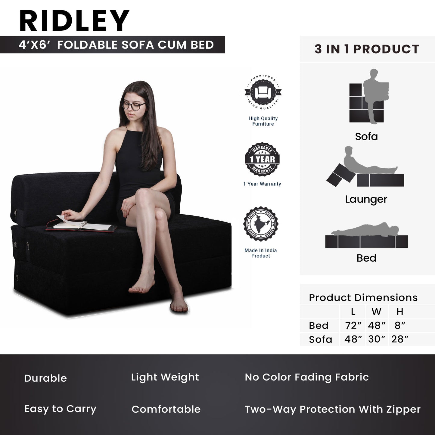 Ridley - Foldable Sofa Cum Bed, 4' x 6' Feet Premium Velvet Fabric with High Density Foam, Black