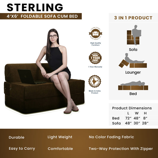 Sterling - Foldable Sofa Cum Bed, 4' x 6' Feet Premium Velvet Fabric with High Density Foam - Gold