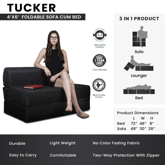 Tucker - Foldable Sofa Cum Bed, 4' x 6' Feet Premium Jute Fabric with High Density Foam - Black