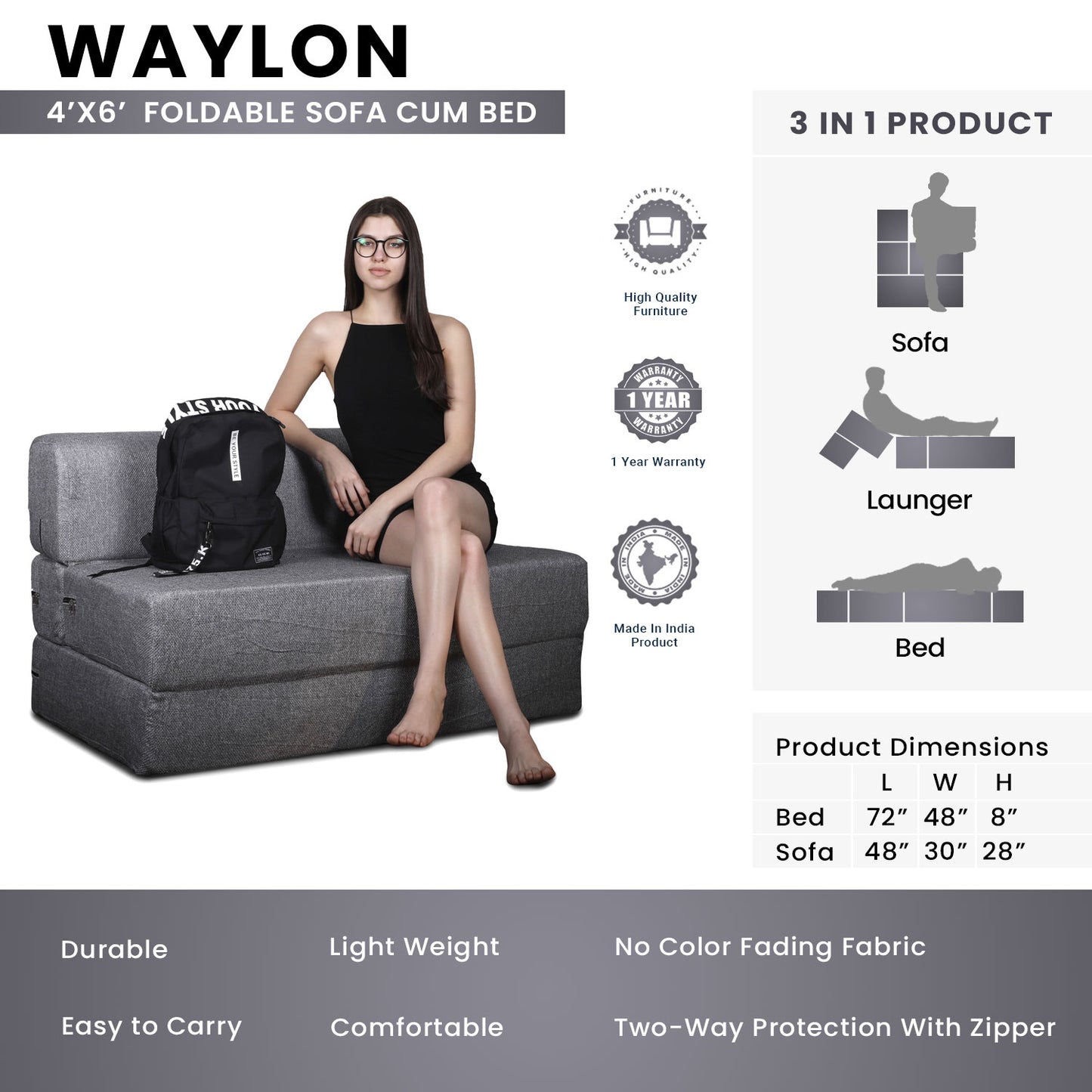 Waylon - Foldable Sofa Cum Bed, 4' x 6' Feet Premium Jute Fabric with High Density Foam - Grey