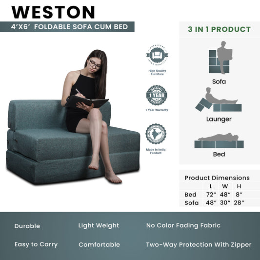 Weston - Foldable Sofa Cum Bed, 4' x 6' Feet Premium Jute Fabric with High Density Foam - Green