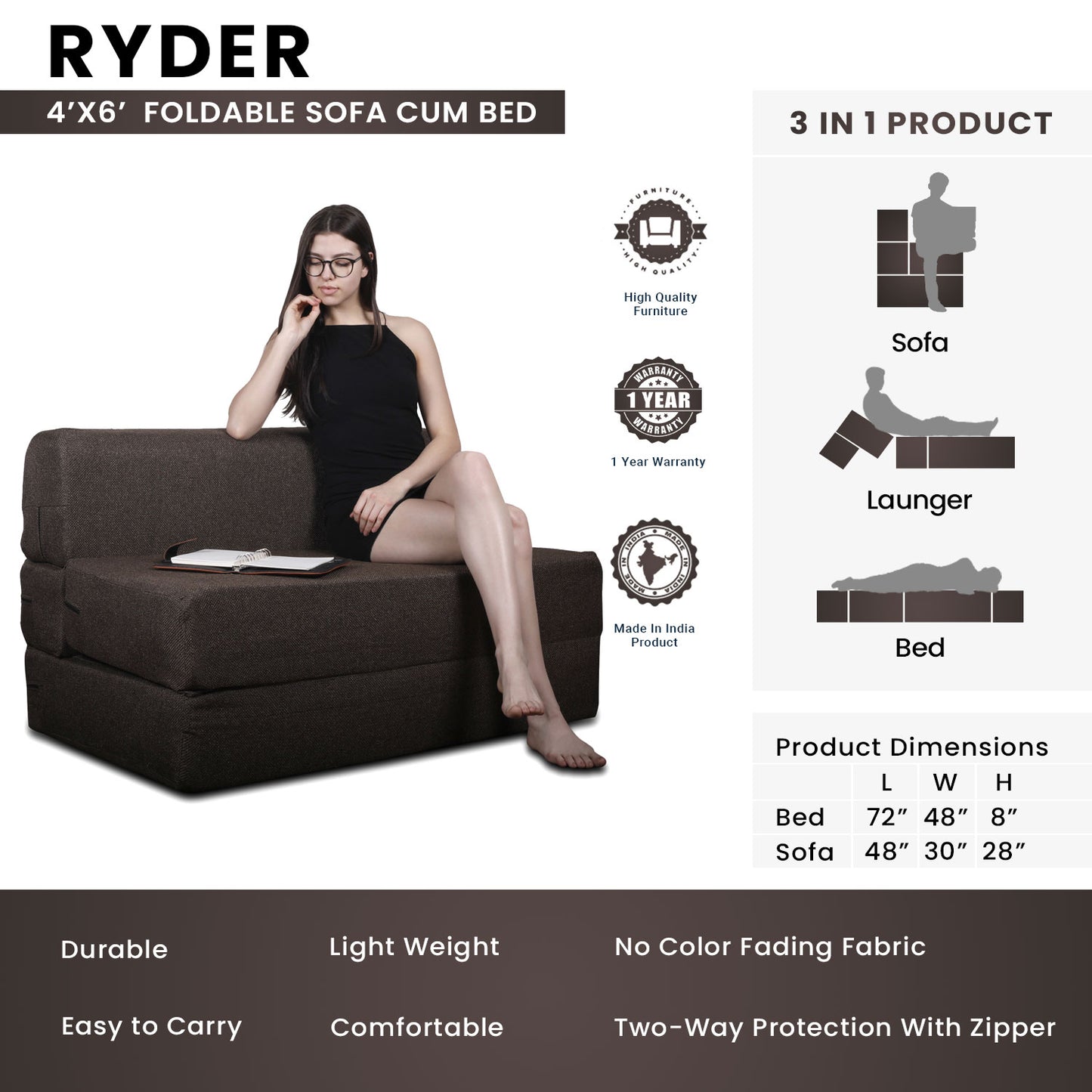 Ryder Foldable Sofa Cum Bed, 4' x 6' Feet Premium Jute Fabric with High Density Foam - Brown