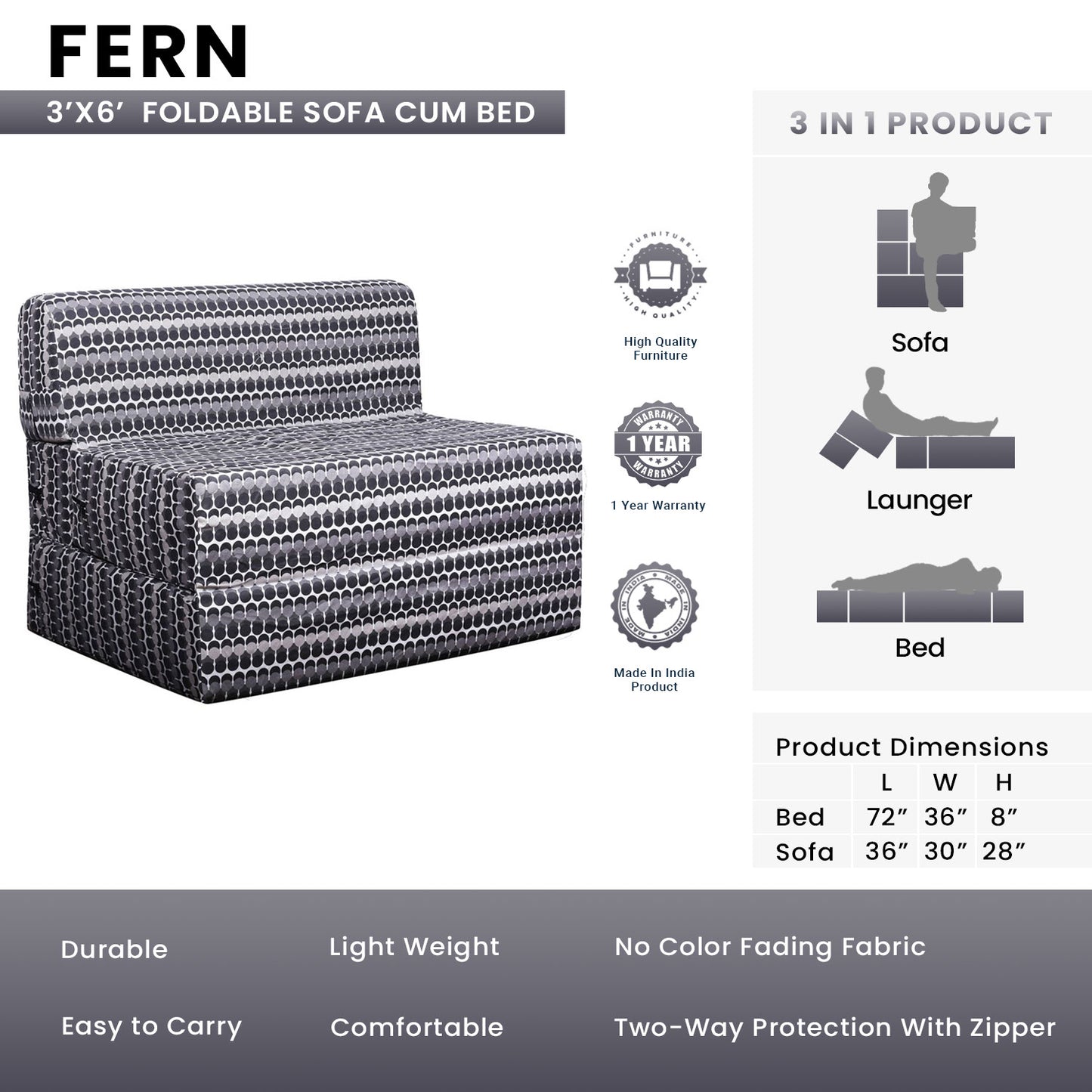 Fern - Foldable Sofa Cum Bed, 3' x 6' Feet Premium Cotton Canvas Fabric Grey White Polka Dots Design