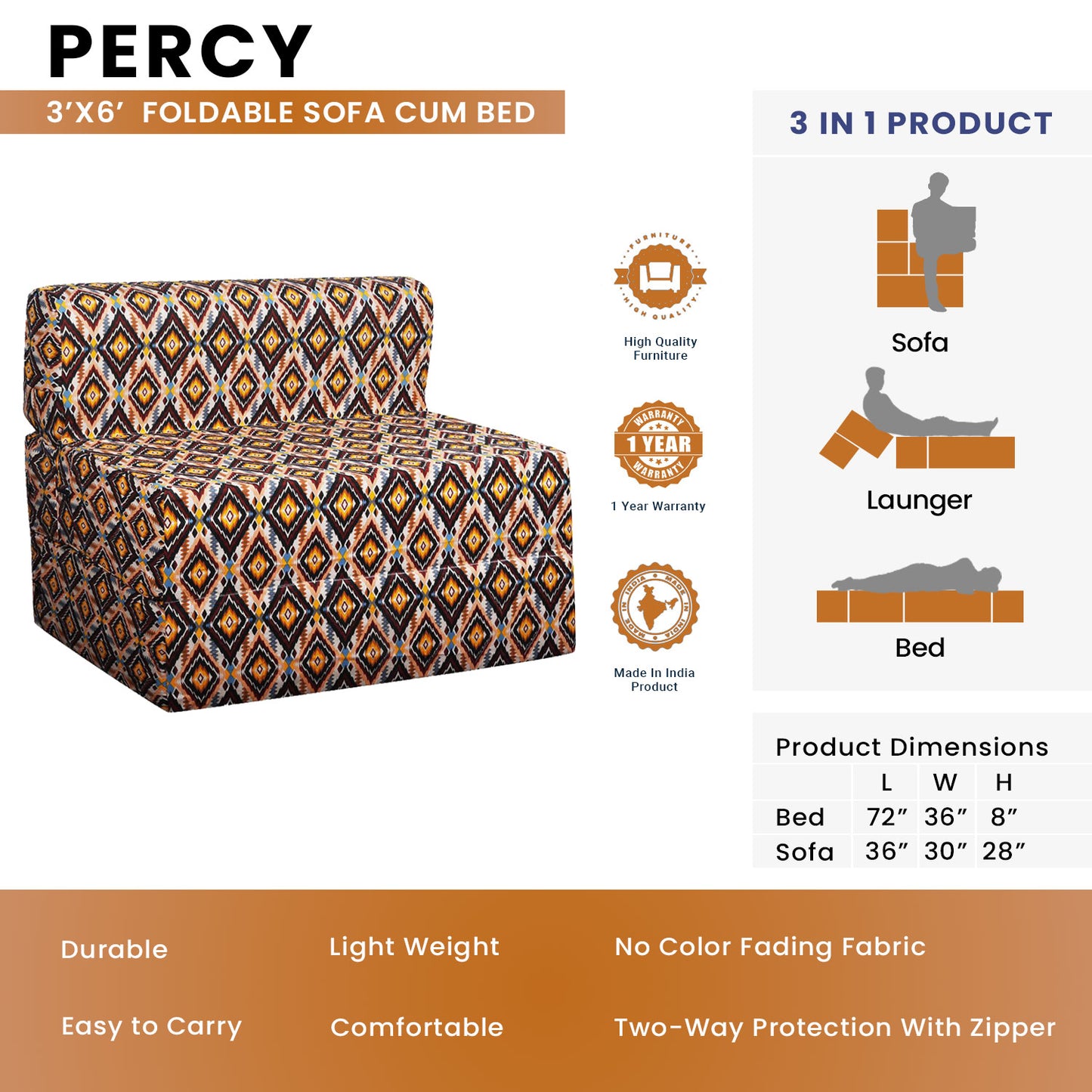 Percy - Foldable Sofa Cum Bed, 3' x 6' Feet Premium Cotton Canvas Fabric Multi-Color Geometric Design