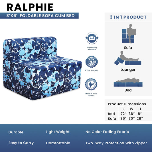 Ralphie - Foldable Sofa Cum Bed, 3' x 6' Feet Premium Cotton Canvas Fabric Blue Camouflage Design