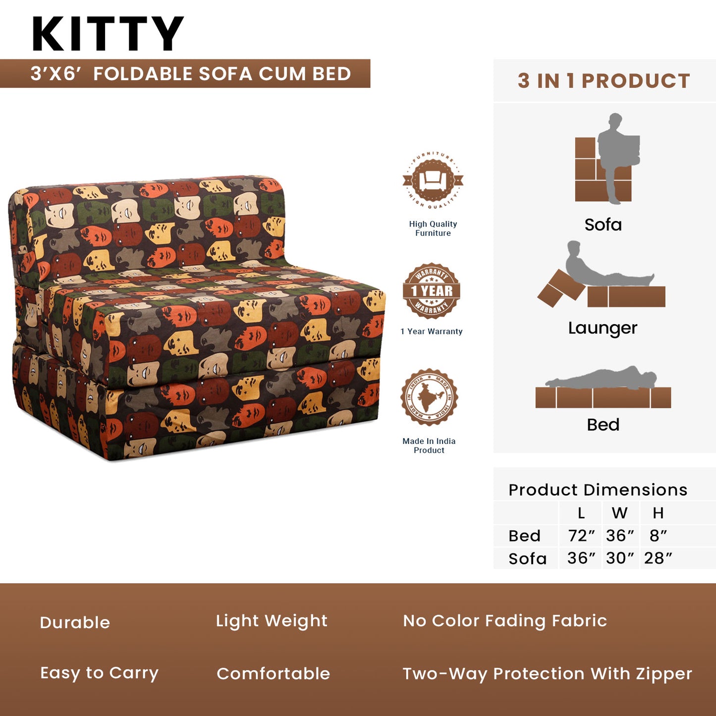 Kitty - Foldable Sofa Cum Bed, 3' x 6' Feet Premium Cotton Canvas Fabric Multi-Color Abstract Design