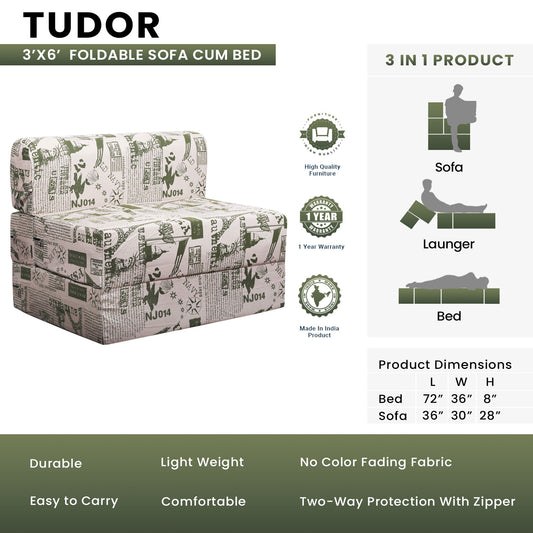 Tudor - Foldable Sofa Cum Bed, 3' x 6' Feet Premium Cotton Canvas Fabric Beige Military Green Color Abstract Design