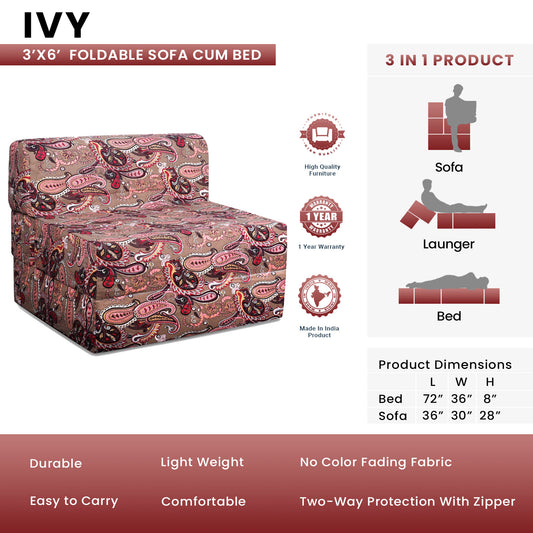 Ivy - Foldable Sofa Cum Bed, 3' x 6' Feet Premium Cotton Canvas Fabric Multi-Color Paisley Design