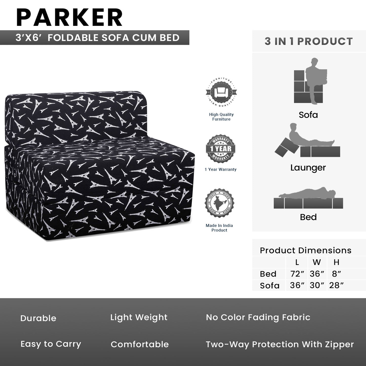 Parker - Foldable Sofa Cum Bed, 3' x 6' Feet Premium Cotton Canvas Fabric Black White Abstract Design