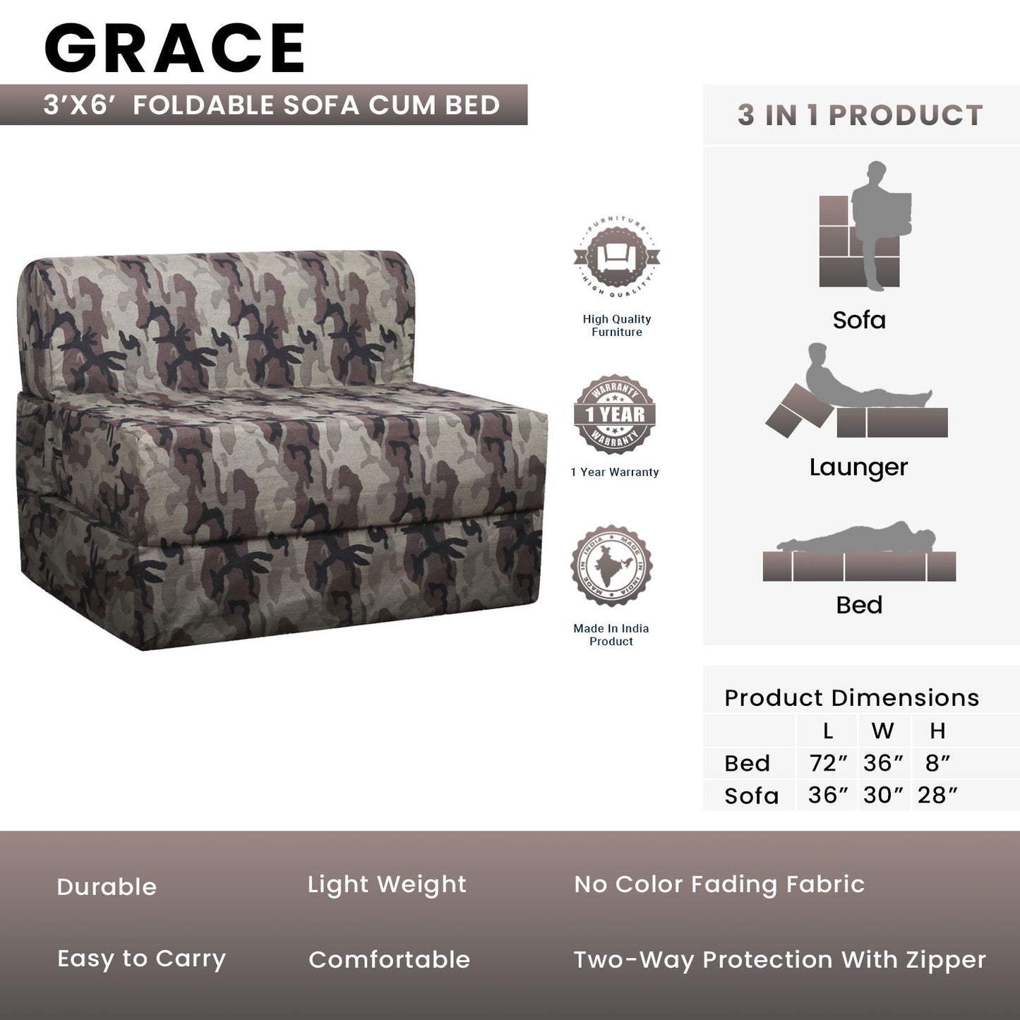 Grace - Foldable Sofa Cum Bed, 3' x 6' Feet Premium Cotton Canvas Fabric Grey Black Camouflage Design