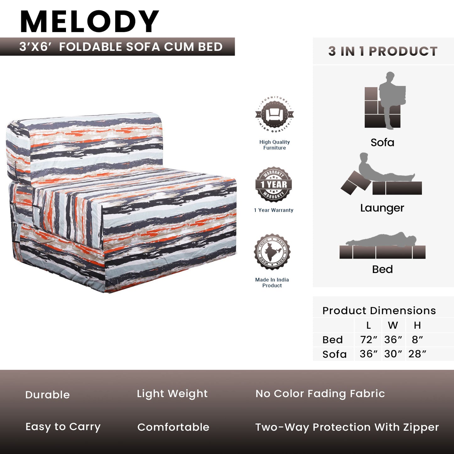 Melody - Foldable Sofa Cum Bed, 3' x 6' Feet Premium Cotton Canvas Fabric Multi-Color Stripes Design