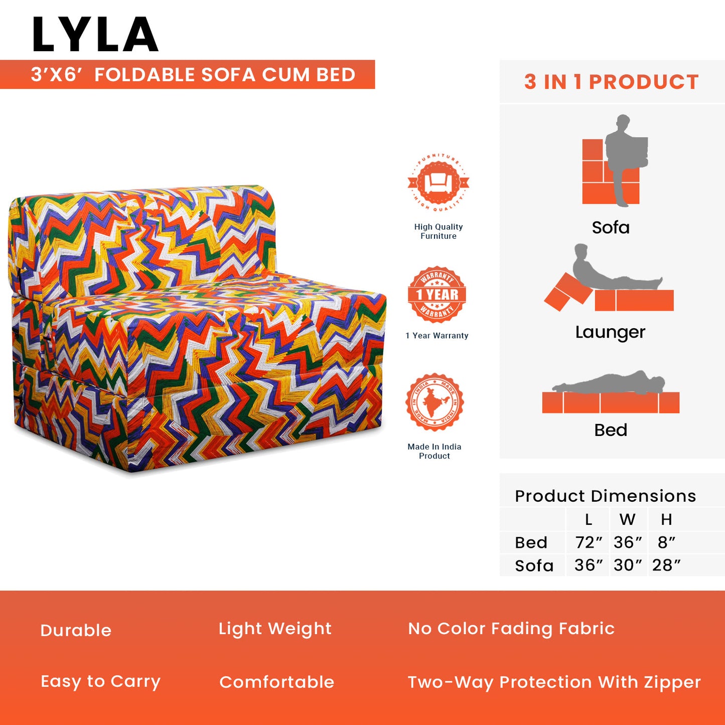 Lyla - Foldable Sofa Cum Bed, 3' x 6' Feet Premium Cotton Canvas Fabric Orange Yellow Multi-Color Geometric Design