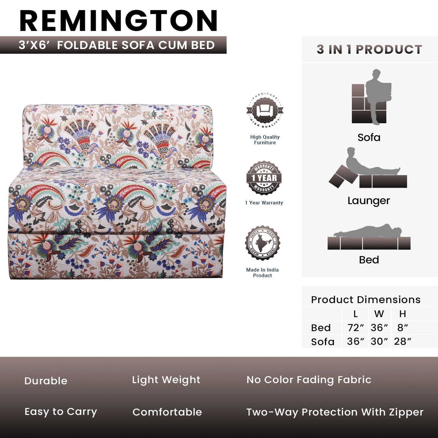 Remington - Foldable Sofa Cum Bed, 3' x 6' Feet Premium Cotton Canvas Fabric Multi-Color Floral Design