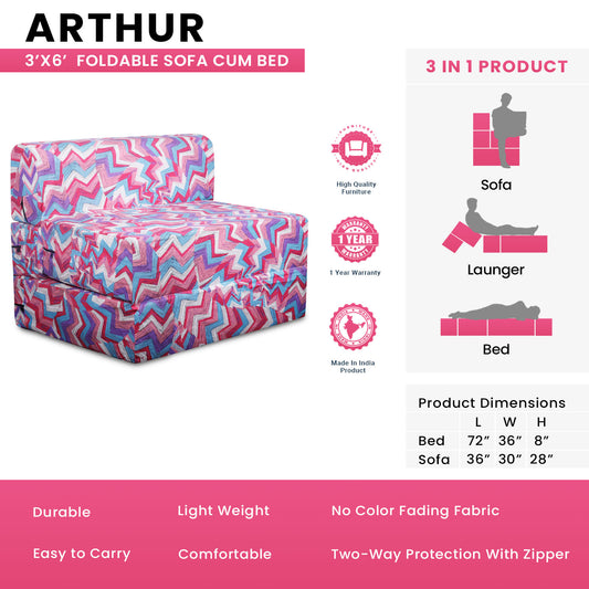 Arthur - Foldable Sofa Cum Bed 3' x 6' Feet Premium Cotton Canvas Fabric Pink Blue Multi-Color Geometric Design