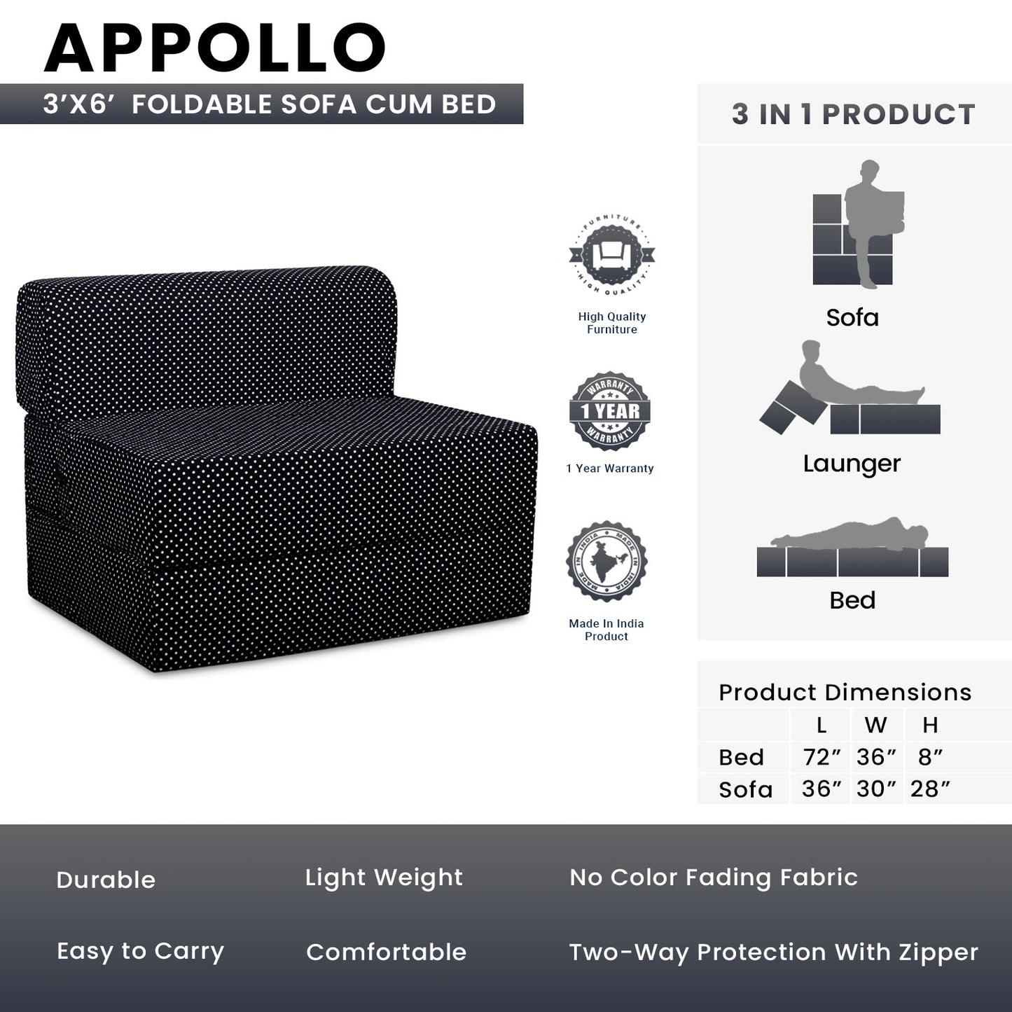 Apollo - Foldable Sofa Cum Bed 3' x 6' Feet Premium Cotton Canvas Fabric - Black N White Color Polka Dots