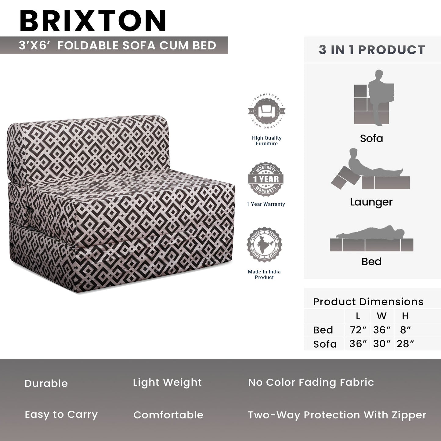 Brixton - Foldable Sofa Cum Bed 3' x 6' Feet Premium Cotton Canvas Fabric Beige Brown Color Abstract Design