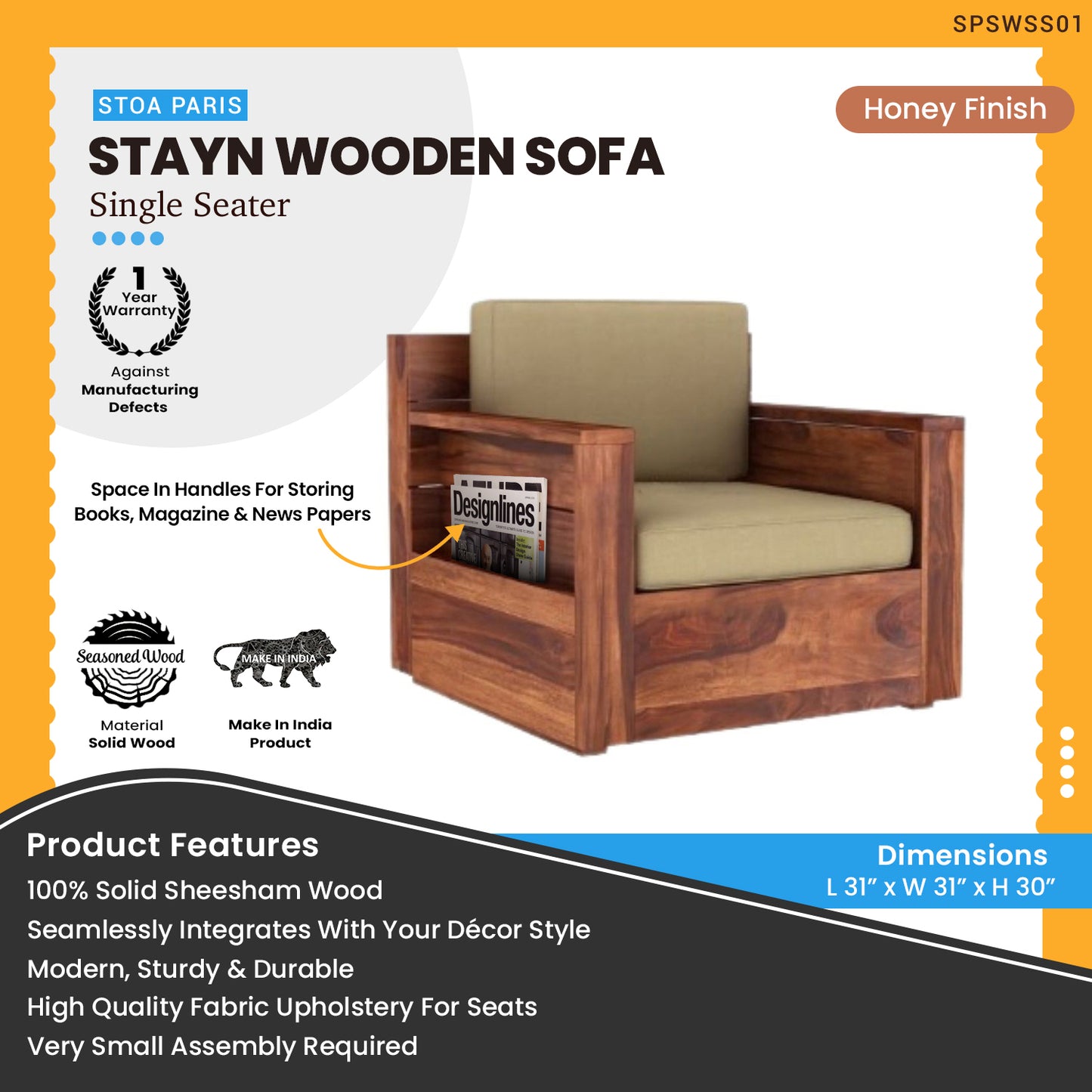 Stayn - Sheesham Wood Single Seater Sofa - Honey Finish