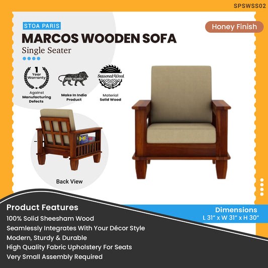 Marcos - Sheesham Wood Single Seater Wooden Sofa - Honey Finish