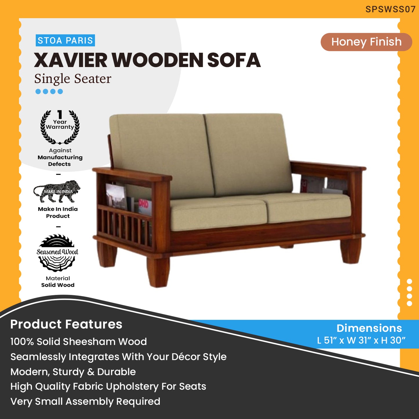 Xavier - Sheesham Wood 2 Seater Sofa - Honey Finish