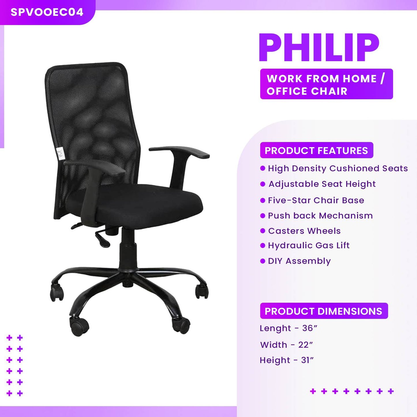 Philip Medium Back Ergonomic Chair For Work From Home & Office - Black