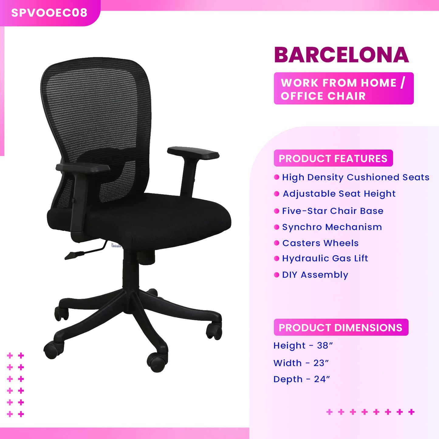 Barcelona - Medium Back Ergonomic Chair for Work from Home & Office - Black