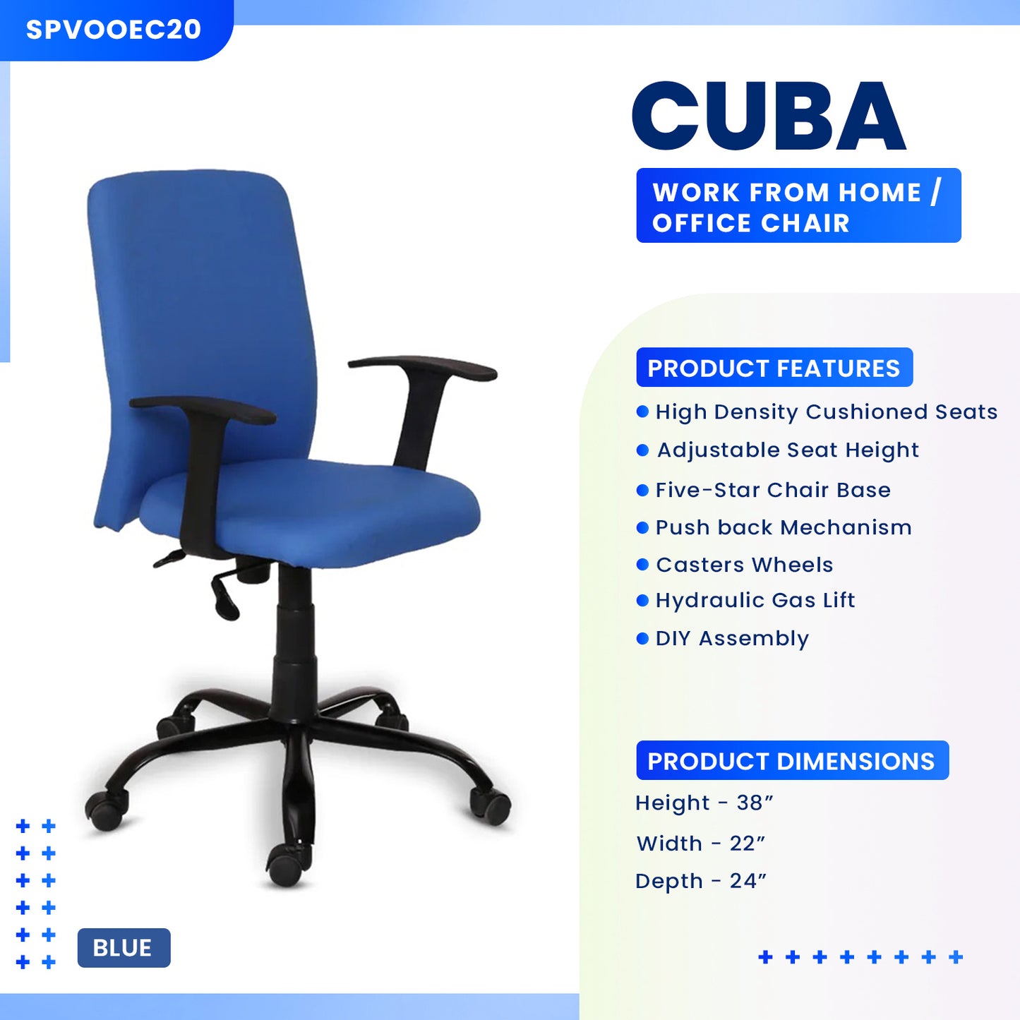 Cuba - Medium Back Ergonomic Chair for Work from Home & Office - Blue