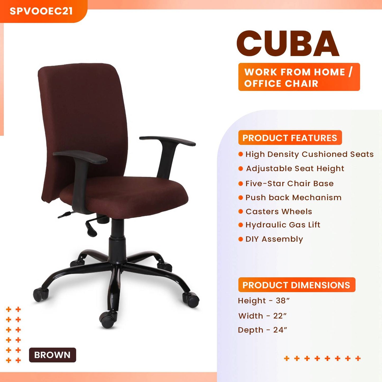 Cuba Medium Back Ergonomic Chair For Work From Home & Office Color- Brown